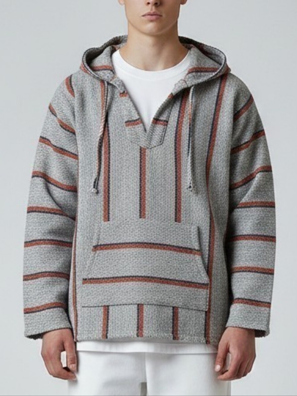 Vtg 90s Baja Hoodie L Gray Orange Striped Mexican Jerga Drug Rug Boho Surf Skate